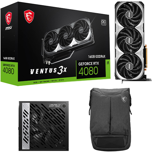 MSI GeForce RTX 4080 16GB VENTUS 3X OC Graphics Card + MSI MPG 1000W 80+ Gold Power Supply + MSI Air Gaming Backpack Grey