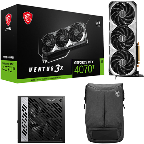 MSI GeForce RTX 4070 Ti VENTUS 3X 12GB OC Graphics Card + MSI Air Gaming Backpack Grey + MSI MPG 1000W 80+ Gold Power Supply - Fits up to 17.3" Laptops - 100% Japanese Capacitors - Compatible with PCIe 5.0 Graphics Cards - 1 Fan(s)