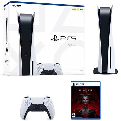 PlayStation 5 Console + Diablo IV PlayStation 5 - Includes PS5 Console & DualSense Controller - 16GB RAM 825GB SSD - Custom Integrated I/O - Up to 120fps @ 120Hz output - Includes Diablo IV for PlayStation 5