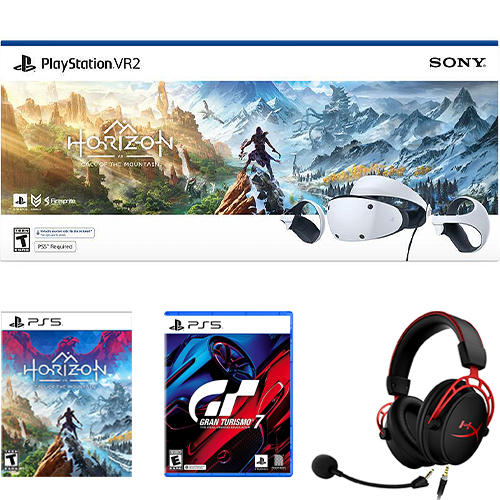 PlayStation VR2 Horizon Call of the Mountain Bundle + Gran Turismo 7 Standard Edition PS5 + HyperX Cloud Alpha Wired Gaming Headset (Black-Red)