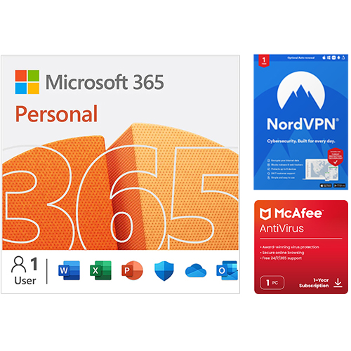 Microsoft 365 Personal 12 Month Auto-Renewal + McAfee AntiVirus Internet Security Software 1-Year Subscription + NordVPN 1-Year Subscription (Digital Download)