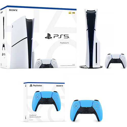 PlayStation 5 Slim Console + PlayStation 5 DualSense Wireless Controller Starlight Blue - Includes PS5 Console & DualSense Controller - 16GB RAM 1TB SSD - Custom Integrated I/O - Up to 120fps @ 120Hz output - Features new Create Button