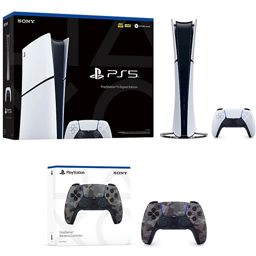 PlayStation 5 Digital Slim Console + PlayStation 5 DualSense Wireless Controller Gray Camouflage - Includes PS5 Console & DualSense Controller - 16GB RAM 1TB SSD - Custom Integrated I/O - Up to 120fps @ 120Hz output - Features new Create Button
