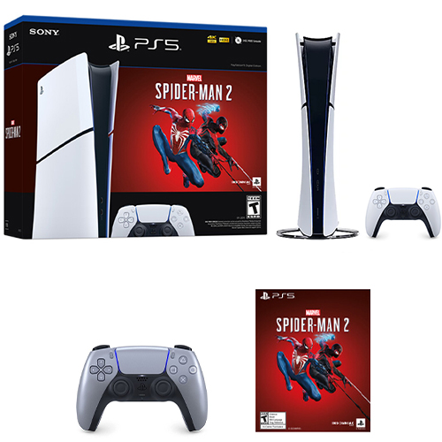 PlayStation 5 Digital Slim Edition Marvels Spider Man 2 Bundle + PlayStation 5 DualSense Wireless Controller Sterling Silver