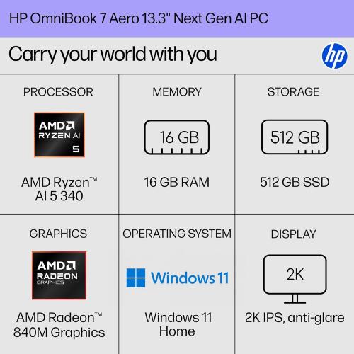 HP Omnibook 7 Aero 13.3" 2K Copilot+PC AMD Ryzen AI 5 340 16GB RAM 512GB SSD Glacier Silver