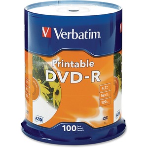 Verbatim DVD-R 4.7GB 16X White Inkjet Printable with Branded Hub, 100-Disc