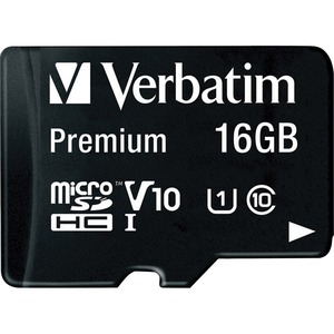 Verbatim 16GB Premium microSDHC Memory Card with Adapter, UHS-I V10 U1 Class 10, Black (44082)