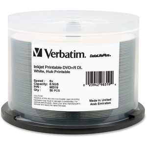 Verbatim DVD+R DL 8.5GB 8X DataLifePlus White InkJet Printable, Hub Printable