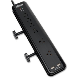 Tripp Lite by Eaton Protect It! 6-Outlet Clamp-Mount Surge Protector, 6 ft. (1.83 m) Cord, 2100 Joules, 2 x USB Charging ports (2.1A total)