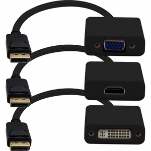 3PK DisplayPort 1.2 Male to DVI, HDMI, VGA Female Black Adapters Which Comes in a Bundle For Resolution Up to 1920x1200 (WUXGA)