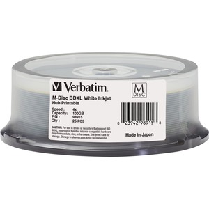 Verbatim M DISC BD-R 100GB 4X White Inkjet Hub Printable Blank Blu-Ray Recordable Media ? 25pk Spindle