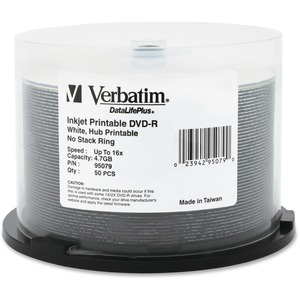 Verbatim 4.7GB up to 16x DataLifePlusWhite Inkjet PrintableHub Printable Recordable Disc DVD-R 50-Disc Spindle 95079