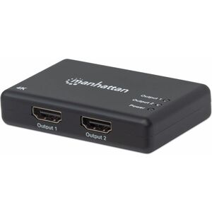 Manhattan HDMI Splitter 2-Port , 4K@30Hz, Displays output from x1 HDMI source to x2 HD displays (same output to both displays), AC Powered (cable 0.9m), Black, Three Year Warranty, Retail Box (With Euro 2-pin plug)