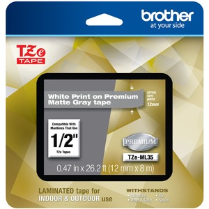 Brother P-touch TZe-ML35 White Print on Premium Matte Gray Laminated Tape 12mm (0.47") wide x 8m (26.2') long