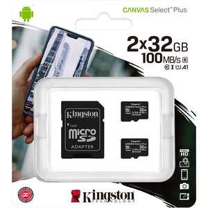 Kingston 32GB microSDHC Canvas Select Plus 100MB/s Read A1 Class10 UHS-I 2-Pack Memory Card + Adapter (SDCS2/32GB-2P1A)