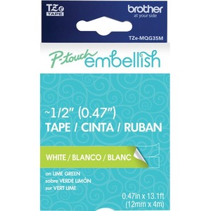 Brother P-touch Embellish White Print on Lime Green Laminated Tape 12mm (~1/2") x 4m