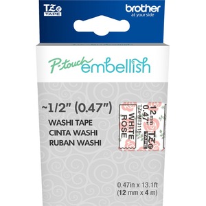 Brother P-touch Embellish Black on White Rose Washi Tape 12mm (~1/2") x 4m