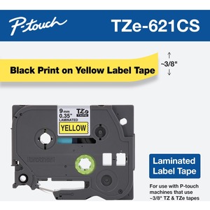 Brother TZe-621CS, 0.35" x 26.2', Black on Yellow Laminated Label Tape