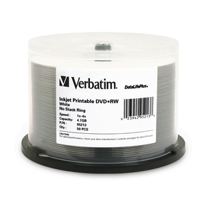 Verbatim DVD+RW Blank Discs 4.7GB 4X DataLifePlus White Inkjet Printable Recordable Discs