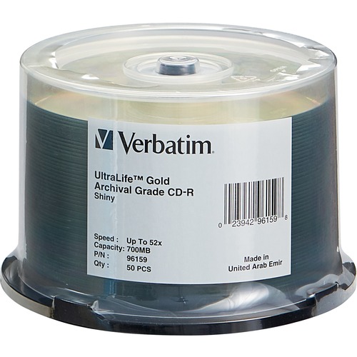 Verbatim CD R 700MB 52X UltraLife Gold Archival Grade With Branded Surface   50pk Spindle 300/500