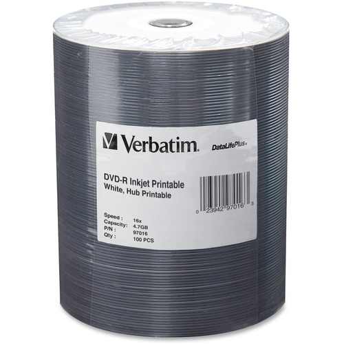 Verbatim DVD R Blank Discs 4.7GB 16X DataLifePlus White Inkjet Printable Recordable Disc Hub Printable   100pk Tape Wrap 97016 300/500