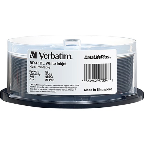 Verbatim BD R DL 50GB 8X, White Label, DataLife+, White InkJet Hub Printable, 25PK Spindle 300/500