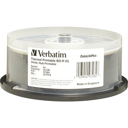 Verbatim BD R DL 50GB 8X, White Label, DataLife+, White Thermal Hub Printable, Hard Coat, 25PK Spindle 300/500
