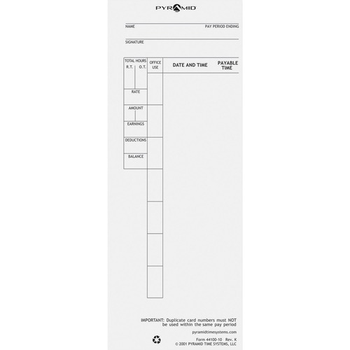 Pyramid Time Systems 44100 10 Time Cards, 100/pk 300/500