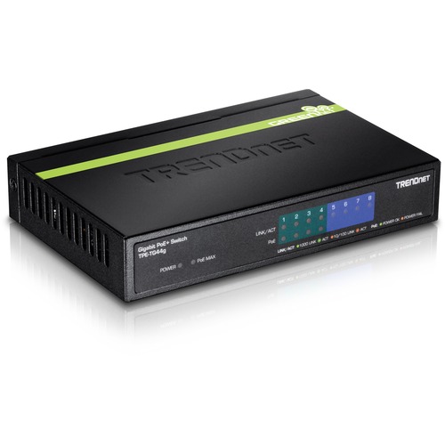 TRENDnet 8 Port Gigabit GREENnet PoE+ Switch, 4 X Gigabit PoE PoE+ Ports, 4 X Gigabit Ports, 61W Power Budget, 16 Gbps Switch Capacity, Ethernet Unmanaged Switch, Lifetime Protection, Black, TPE TG44G 300/500