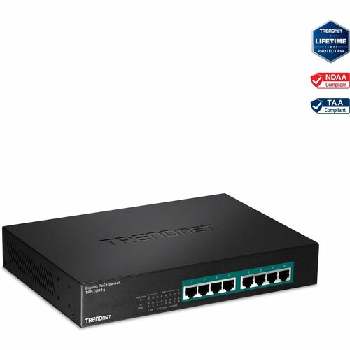 TRENDnet 8 Port Gigabit GREENnet PoE+ Switch; TPE TG81g; 8 X Gigabit PoE+ Ports; Rack Mountable; Up To 30 W Per Port With 110 W Total Power Budget; Ethernet Network Switch; Metal; Lifetime Protection 300/500