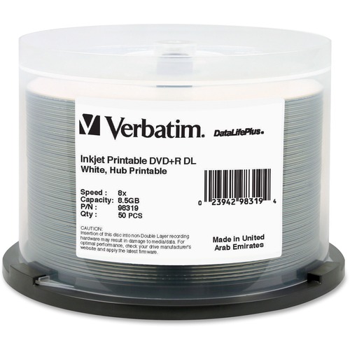Verbatim DVD+R DL 8.5GB 8X DataLifePlus White InkJet Printable, Hub Printable   50pk Spindle   98319 300/500