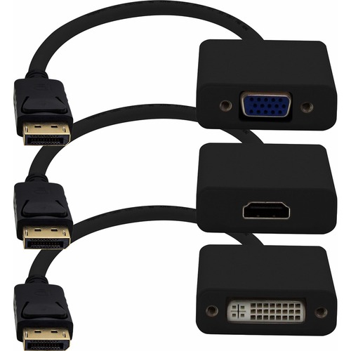 3PK DisplayPort 1.2 Male To DVI, HDMI, VGA Female Black Adapters Which Comes In A Bundle For Resolution Up To 1920x1200 (WUXGA) 300/500