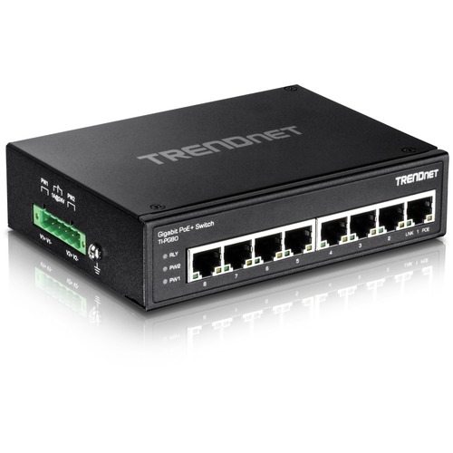 TRENDnet 8 Port Hardened Industrial Unmanaged Gigabit PoE+ DIN Rail Switch, 200W Full PoE+ Power Budget, 16 Gbps Switching Capacity, IP30 Rated Network Switch, Lifetime Protection, Black, TI PG80 300/500