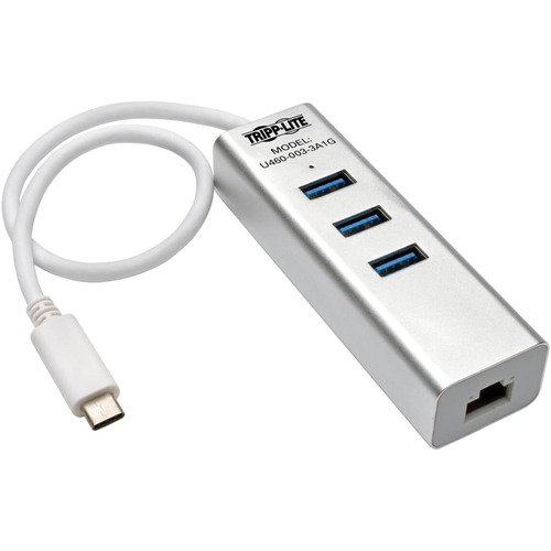 Tripp Lite By Eaton 3 Port USB 3.x (5Gbps) Hub With LAN Port, USB C To 3x USB A Ports And Gigabit Ethernet, Silver 300/500