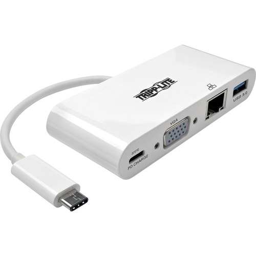 Tripp Lite By Eaton USB C Multiport Adapter, VGA, USB 3.x (5Gbps) Hub Port, Gigabit Ethernet And 60W PD Charging, White 300/500