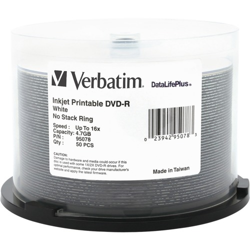 Verbatim DVD R 4.7GB 16X DataLifePlus White Inkjet Printable   50pk Spindle 300/500