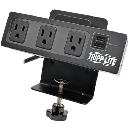 Tripp Lite By Eaton Protect It! 3 Outlet Surge Protector With Desk Clamp, 10 Ft. Cord, 510 Joules, 2 USB Charging Ports, Black Housing 300/500