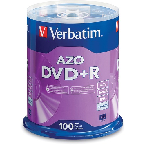 Verbatim DVD+R Blank Discs AZO Dye 4.7GB 16X Recordable Disc   100 Discs Spindle,Silver 300/500