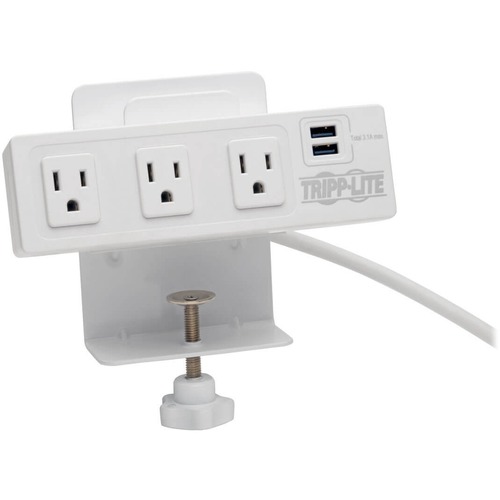Tripp Lite By Eaton 3 Outlet Surge Protector With 2 USB Ports, 10 Ft. (3.05 M) Cord   510 Joules, Desk Clamp, White Housing 300/500