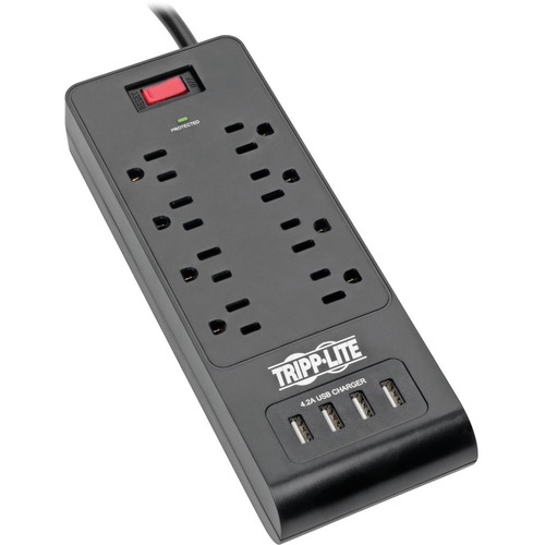 Tripp Lite By Eaton 8 Outlet Surge Protector With 4 USB Ports (4.2A Shared)   6 Ft. (1.83 M) Cord, 1800 Joules, Black 300/500