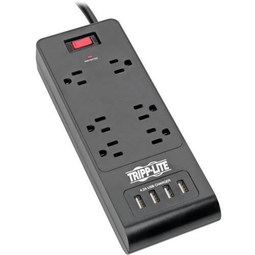 Tripp Lite By Eaton 6 Outlet Surge Protector With 4 USB Ports (4.2A Shared)   6 Ft. (1.83 M) Cord, 900 Joules, Black 300/500