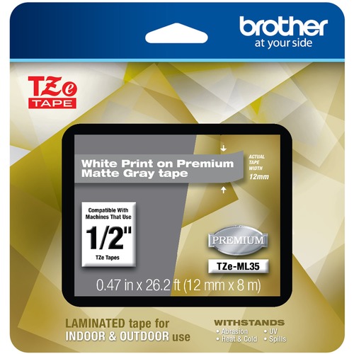 Brother P Touch TZe ML35 White Print On Premium Matte Gray Laminated Tape 12mm (0.47") Wide X 8m (26.2') Long 300/500