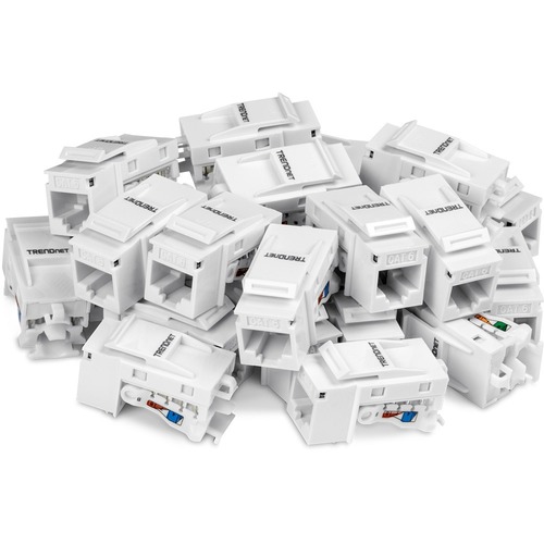 TRENDnet Cat6 Keystone Jack, 25 Pack Bundle, 90&deg; Angle Termination, Compatible With Cat5, Cat5e, Cat6 Cabling, Color Coded Labeling, Gold Plated Contacts, Tool Less Design, White, TC K25C6 300/500