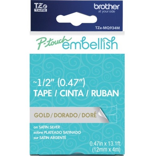 Brother P Touch Embellish Gold Print On Satin Silver Laminated Tape 12mm (~1/2") X 4m 300/500