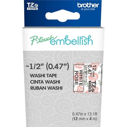 Brother P Touch Embellish Black On White Rose Washi Tape 12mm (~1/2") X 4m 300/500