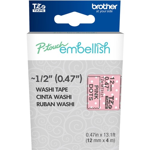 Brother P Touch Embellish Black On Pink Dots Washi Tape 12mm (~1/2") X 4m 300/500