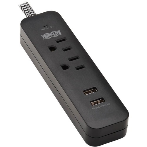 Tripp Lite By Eaton 2 Outlet Surge Protector With 2 USB Ports (2.1A Shared)   6 Ft. Cord, 5 15P Plug, 450 Joules, Black 300/500