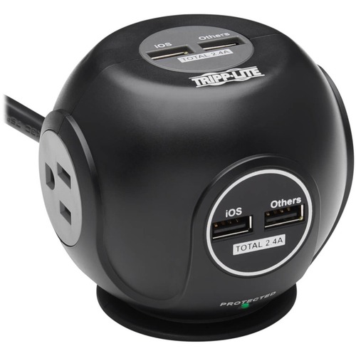 Tripp Lite By Eaton 3 Outlet Spherical Surge Protector 4 USB Ports (4.8A Shared)   6 Ft. (1.83 M) Cord 5 15P Plug 540 Joules Black 300/500