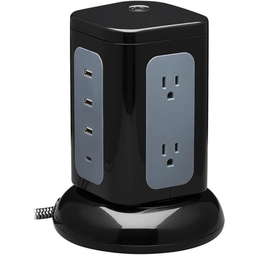 Tripp Lite By Eaton 6 Outlet Surge Protector Tower, 3x USB A, 1x USB C, 8 Ft. Cord, 5 15P Plug, 1800 Joules, Black 300/500