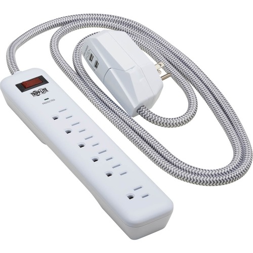 Tripp Lite By Eaton 7 Outlet Surge Protector   6 On Strip/1 In Detachable Plug, 2 USB Ports (2.4A Shared), Detachable Charger Plug, 6 Ft. Cord, 5 15P Plug, 900 Joules, White 300/500